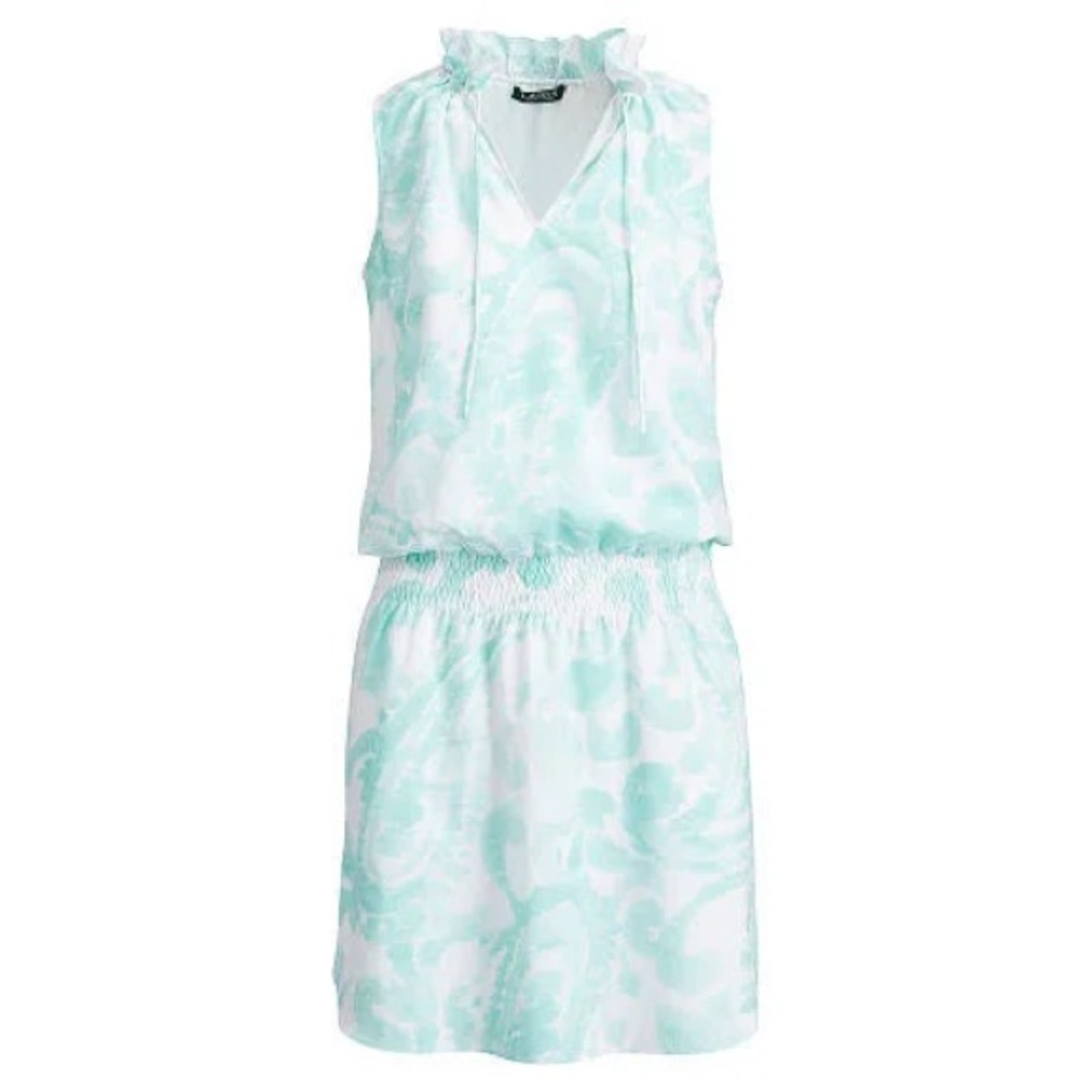 Ralph Lauren Womens New 1761 Aqua Printed Keyhole Blouson Dress Sz Small